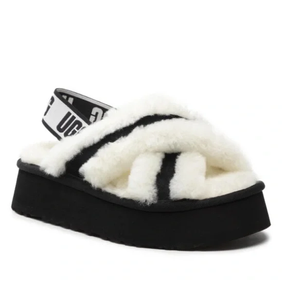 UGG Women's Black and White Fluffy Sandals NWOT Disco Cross Slides - Picture 2 of 5